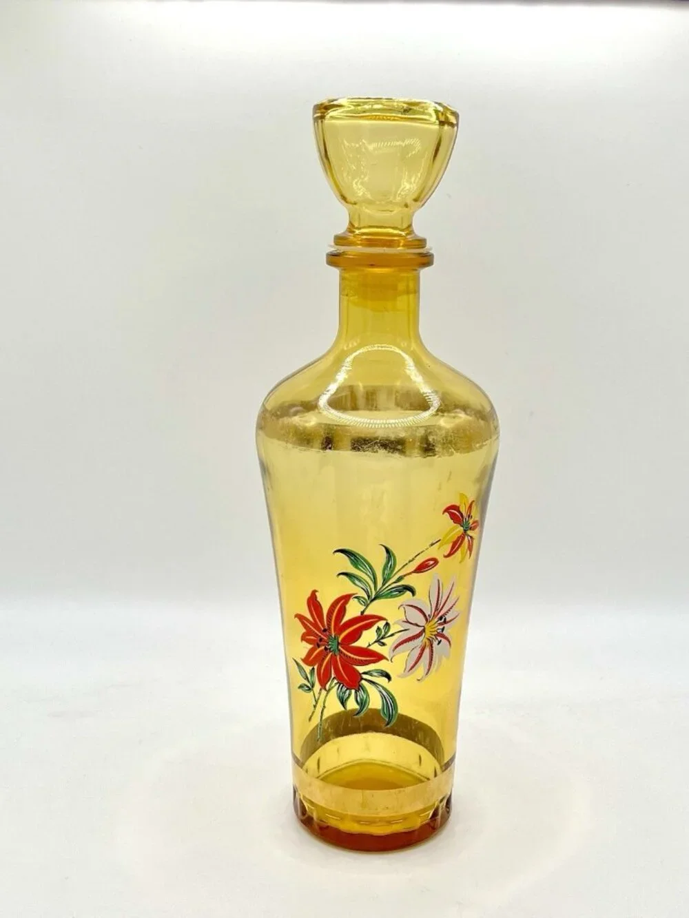 Vintage Mid Century Amber Glass Decanter Floral Bottle Barware MCM Retro Boho